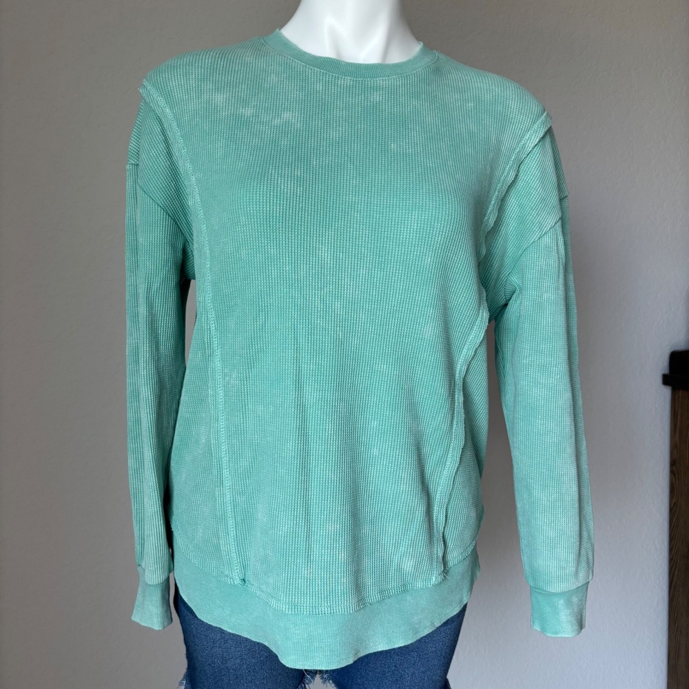 Sunnyside Sundry Waffle Knit Crewneck Top Shirt Mint Green Mineral/Acid Wash M